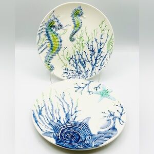 2 Seahorse, Starfish Beach Plates by Cracker Barrel. 8.5” Stoneware.
